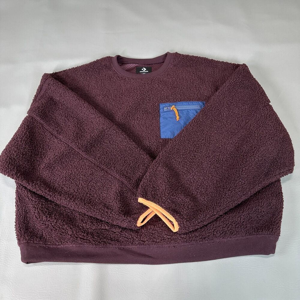 Converse Sweatshirt Womens XXL Burgundy High Pile Fleece Cropped Pullover